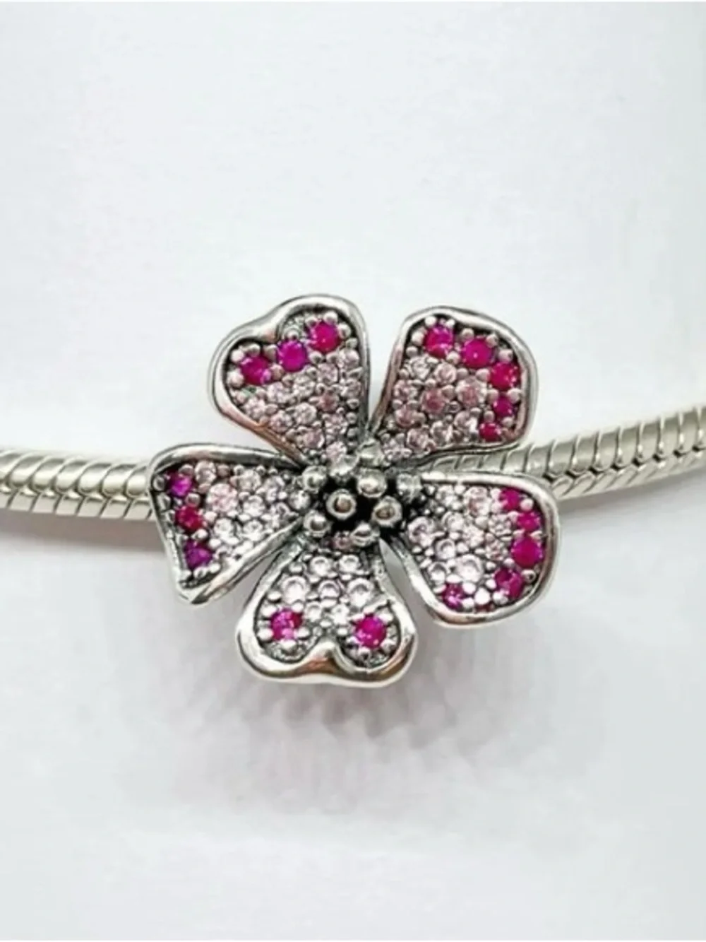 Pink Pavé Peach Blossom Oversized Flower Charm | 925 Sterling Silver, Pink CZs